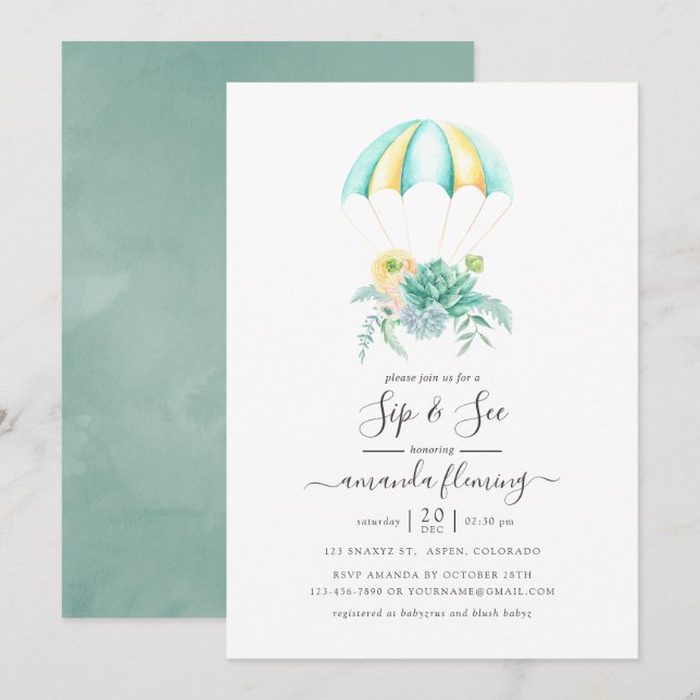 Floral Succulents Bouquet Parachute Sip and See Invitation (Front/Back)