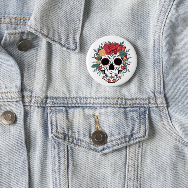 Floral Sugar Skull 2 Inch Round Button (In Situ)