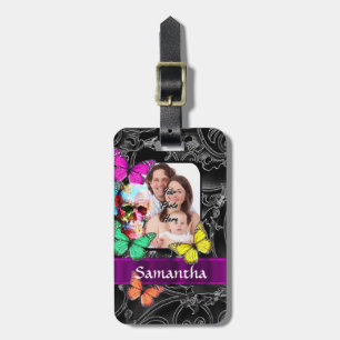 Floral sugar skull and butterflies luggage tag
