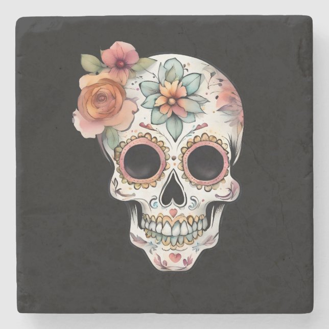 Floral Sugar Skull Celebration Stone Coaster (Front)