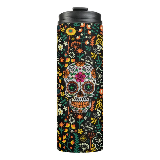 Floral Sugar Skull & Colourful Flowers Pattern Thermal Tumbler (Front)
