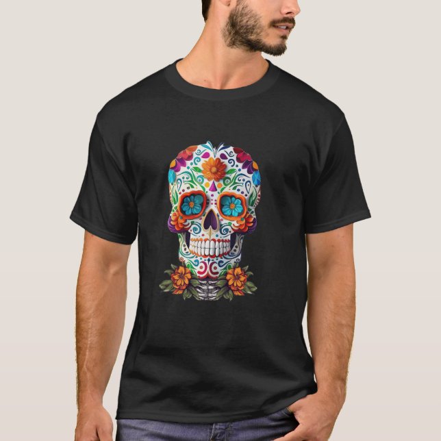 Floral Sugar Skull Day of Dead Dia de Los Muertos  T-Shirt (Front)
