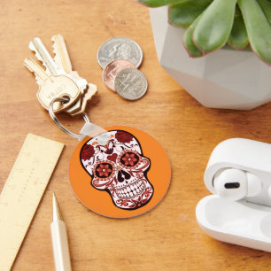 Floral Sugar Skull Day of the Dead Art Orange Keychain