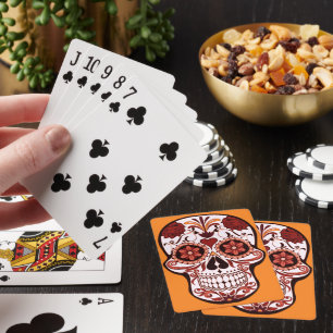 Floral Sugar Skull Day of the Dead Art Orange Playing Cards