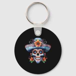 Floral Sugar Skull Day Of The Dead Dia De Muertos Keychain