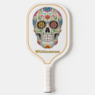 Floral Sugar Skull Day of the Dead, White Pickleball Paddle