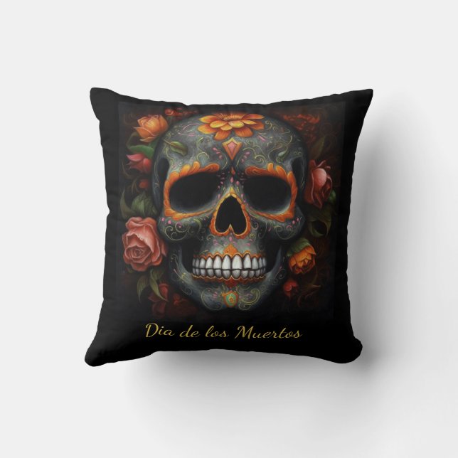 Floral Sugar Skull Dia de los Muertos Calavera Throw Pillow (Back)