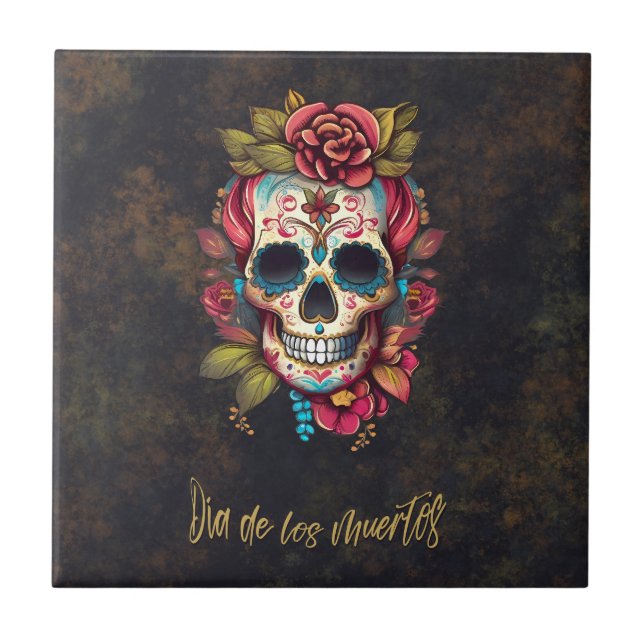 Floral Sugar Skull Dia de los Muertos Party Tile (Front)