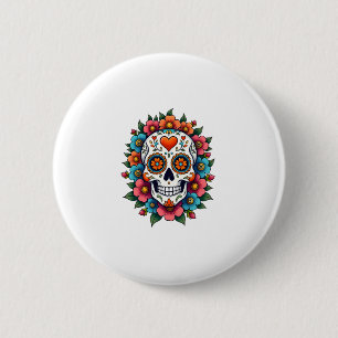 Floral Sugar Skull Dia De Muertos Day of The Dead  2 Inch Round Button