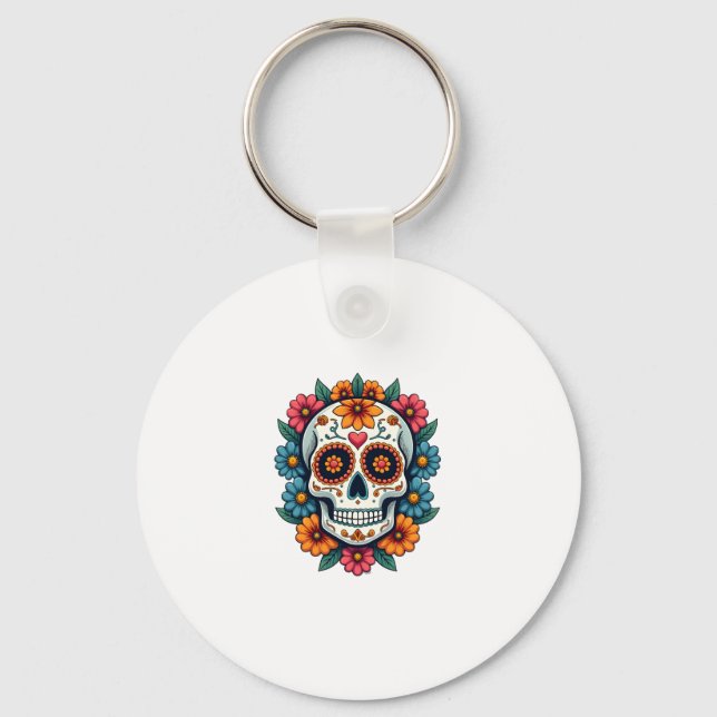 Floral Sugar Skull Dia De Muertos Day of The Dead  Keychain (Front)