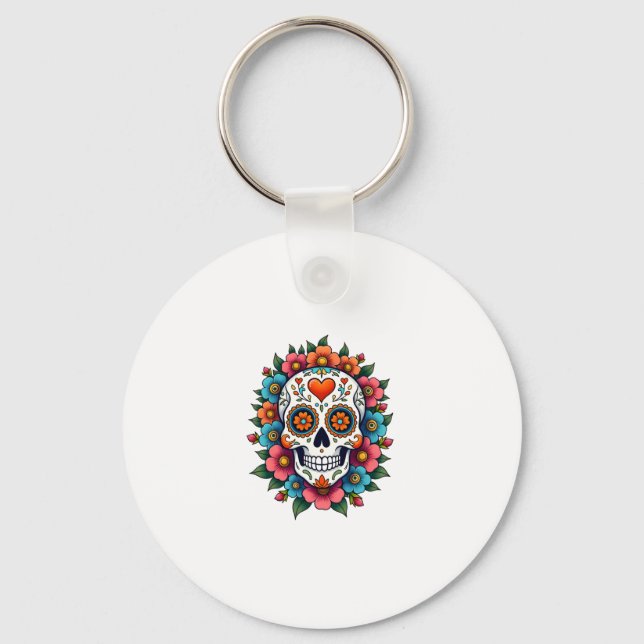 Floral Sugar Skull Dia De Muertos Day of The Dead  Keychain (Front)