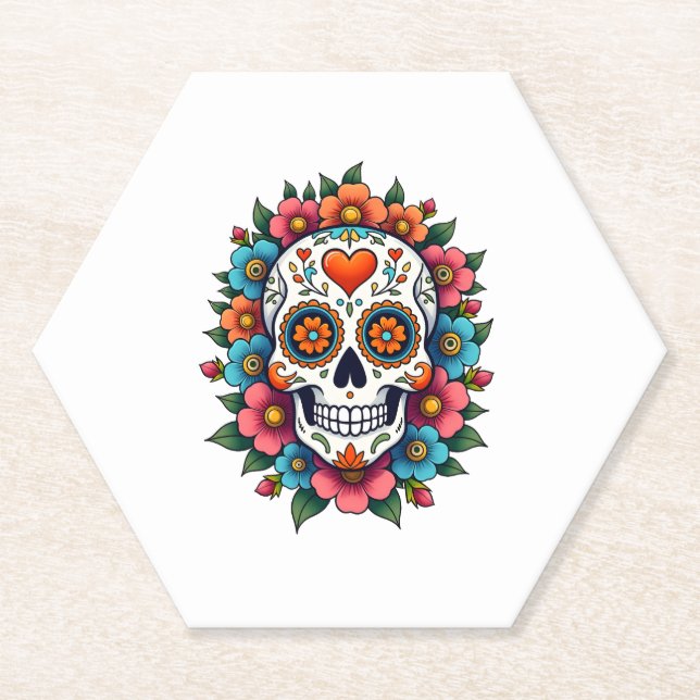 Floral Sugar Skull Dia De Muertos Day of The Dead  Paper Coaster (Front)