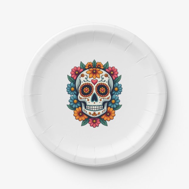 Floral Sugar Skull Dia De Muertos Day of The Dead  Paper Plate (Front)