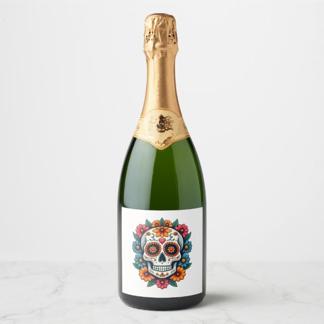 Floral Sugar Skull Dia De Muertos Day of The Dead  Sparkling Wine Label (Front)