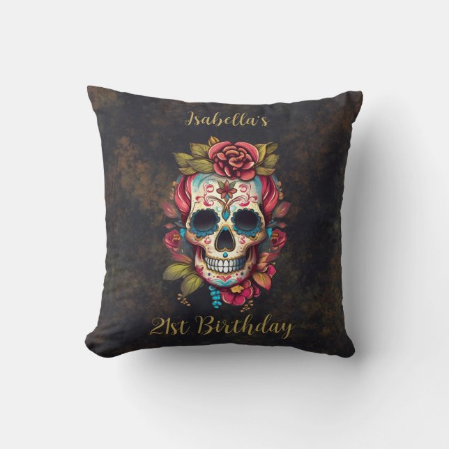 Floral Sugar Skull Milestone Birthday Throw Pillow (Front)
