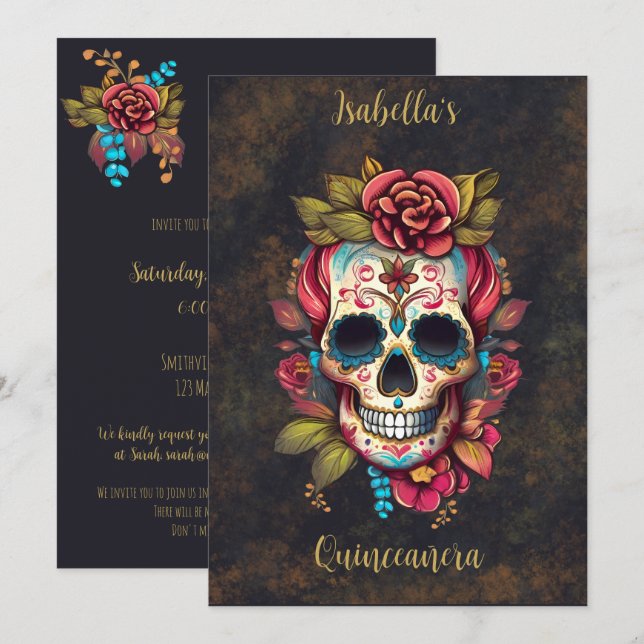 Floral Sugar Skull Quinceanera Birthday English  Invitation (Front/Back)