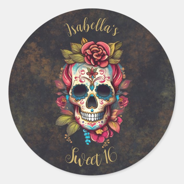 Floral Sugar Skull Sweet 16 Birthday  Classic Round Sticker (Front)
