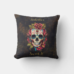 Floral Sugar Skull Sweet 16 Birthday Throw Pillow