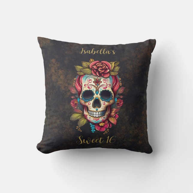 Floral Sugar Skull Sweet 16 Birthday Throw Pillow (Front)