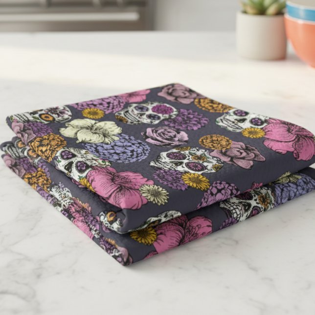 Floral Sugar Skulls Dia de los Muertos Kitchen Towel (Gray Floral Sugar Skulls Dia de los Muertos Kitchen Towels. Mexican Skull & Flower Halloween Pattern)