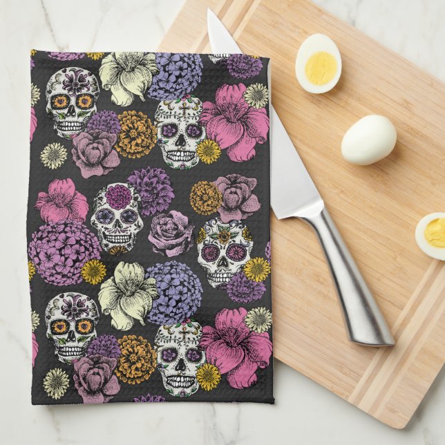 Floral Sugar Skulls Dia de los Muertos Kitchen Towel (Quarter Fold)
