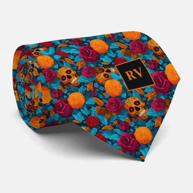 Floral Sugar Skulls in Red and Teal Tie (Rolled)