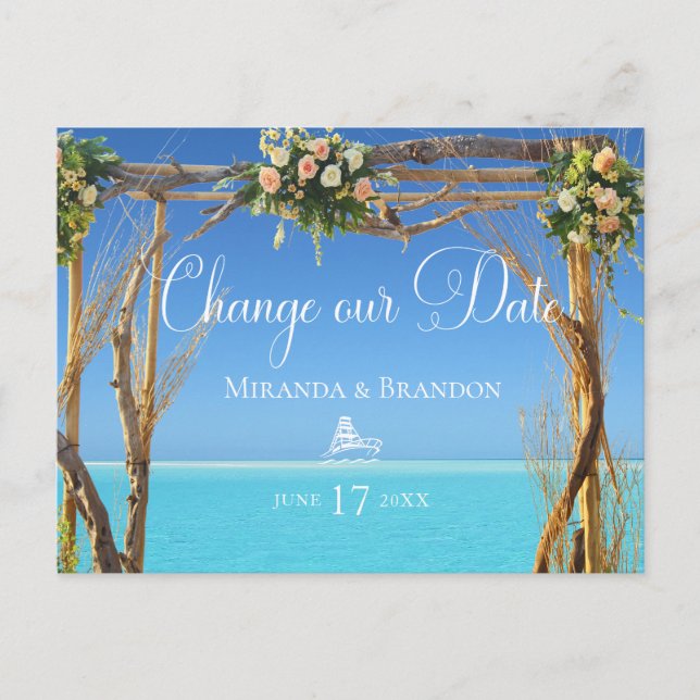 Floral Summer Beach Wedding Arch Change our Date Announcement Postcard (Front)
