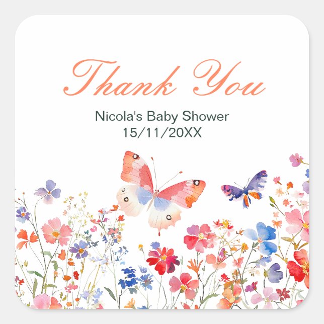 Floral Summer Butterfly Baby Shower Square Sticker (Front)
