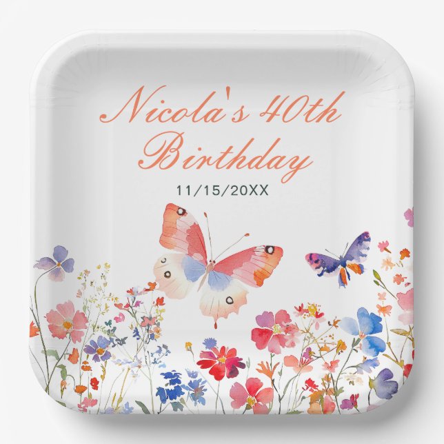 Floral Summer Butterfly Birthday Paper Plate (Front)