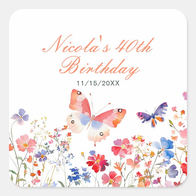 Floral Summer Butterfly Birthday Square Sticker (Front)