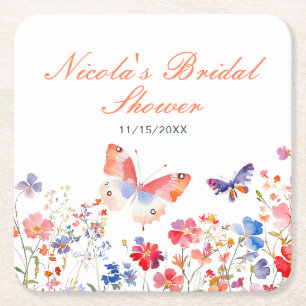 Floral Summer Butterfly Bridal Shower Square Paper Coaster