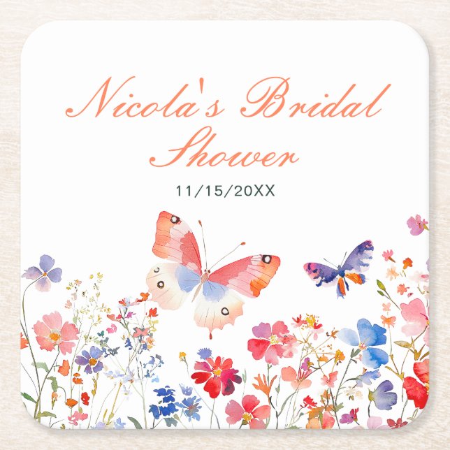 Floral Summer Butterfly Bridal Shower Square Paper Coaster (Front)