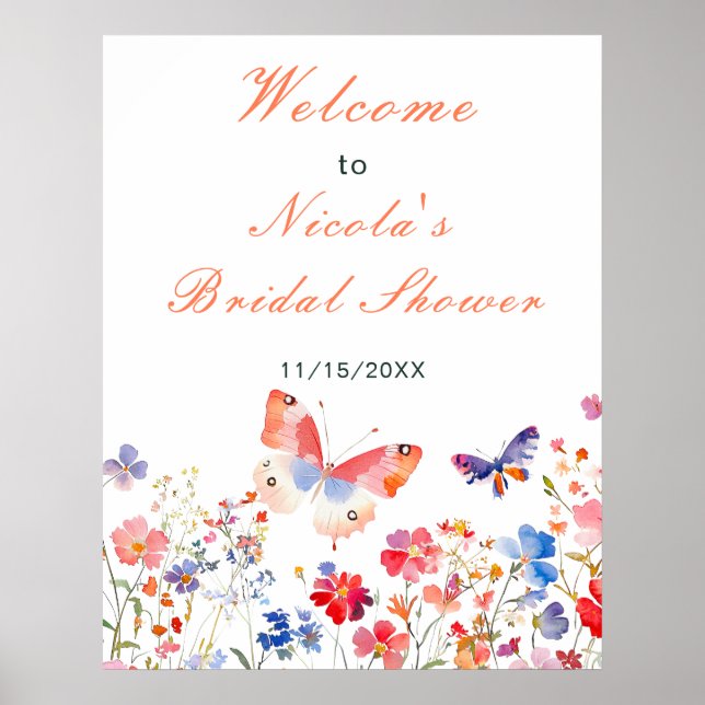 Floral Summer Butterfly Bridal Shower Welcome Poster (Front)