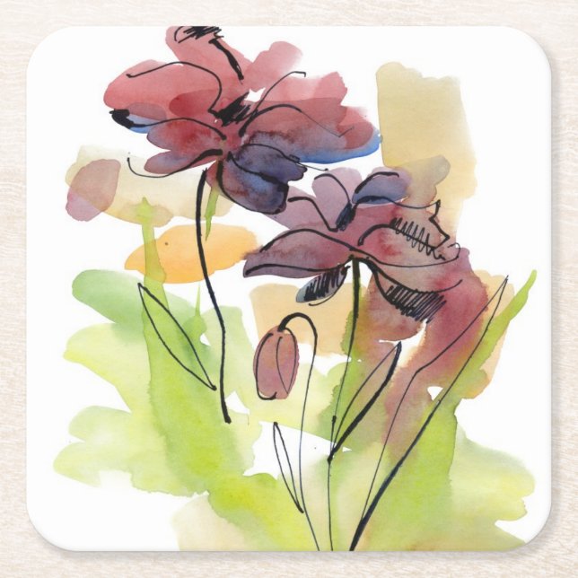 Floral summer design with hand-painted abstract 2 square paper coaster (Front)