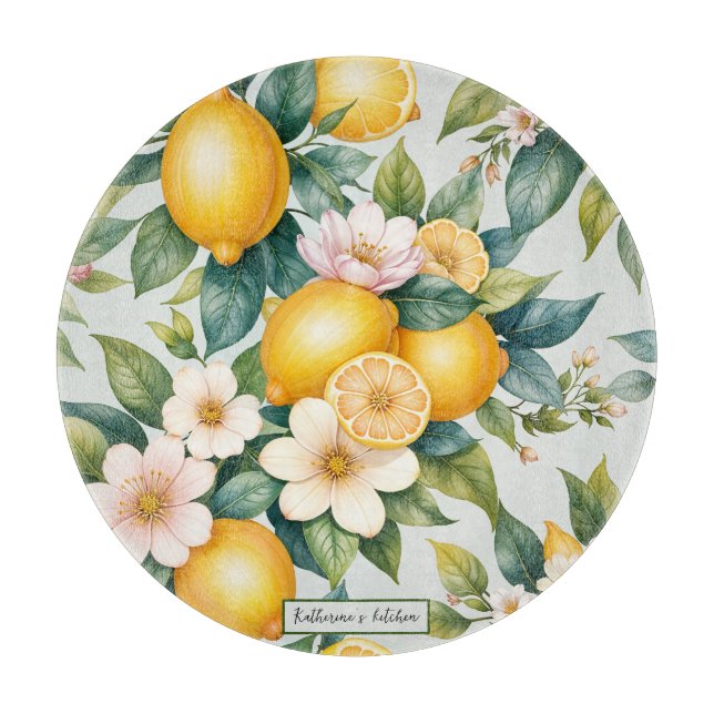 Floral Summer lemon citrus personalized name  Cutting Board (Front)