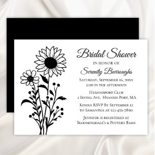 Floral Sunflower Black White Bridal Shower Invitation