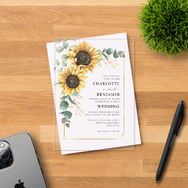 Floral Sunflower Elegant Wedding Acrylic Invitations (Insitu (Invitation Card))