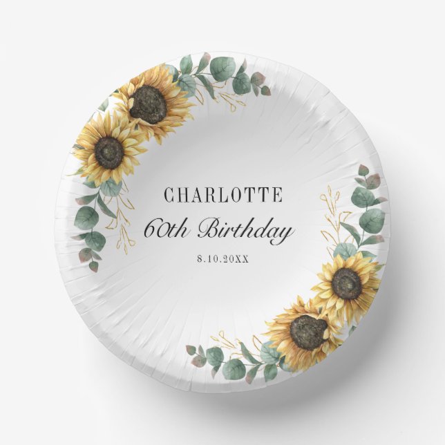 Floral Sunflower Eucalyptus 60th Birthday Party Paper Plate (Front)