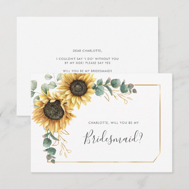 Floral Sunflower Eucalyptus Be My Bridesmaid Card (Front/Back)