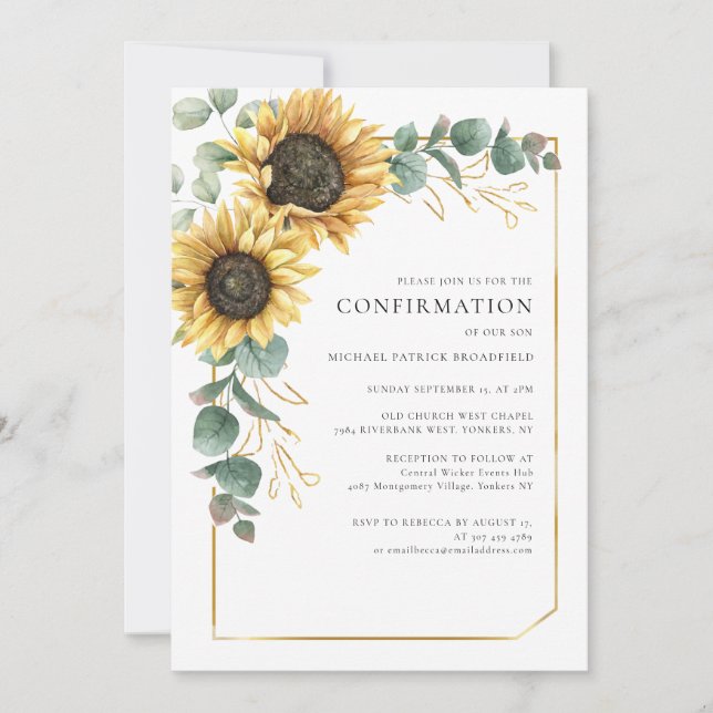 Floral Sunflower Eucalyptus Confirmation Invitation (Front)