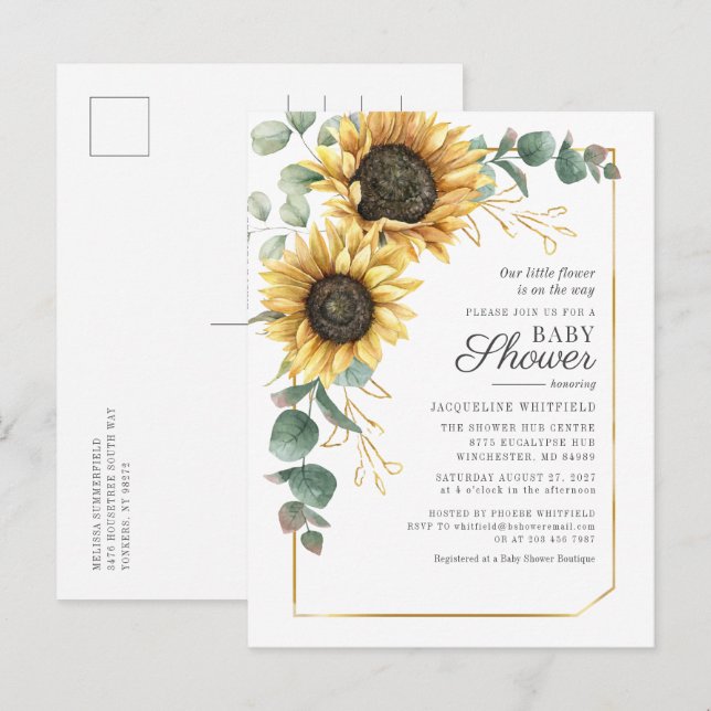 Floral Sunflower Eucalyptus Greenery Baby Shower Invitation Postcard (Front/Back)