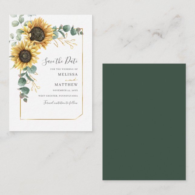 Floral Sunflower Eucalyptus Greenery Save The Date Card (Front/Back)