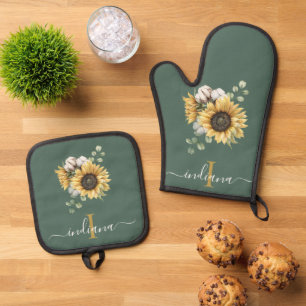 Floral Sunflower Eucalyptus Monogram Script Oven Mitt & Pot Holder Set