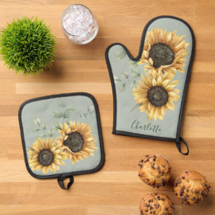 Floral Sunflower Eucalyptus Rustic Personalized Oven Mitt & Pot Holder Set