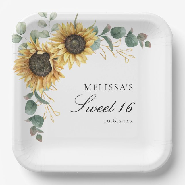 Floral Sunflower Eucalyptus Rustic Sweet 16 Party Paper Plate (Front)