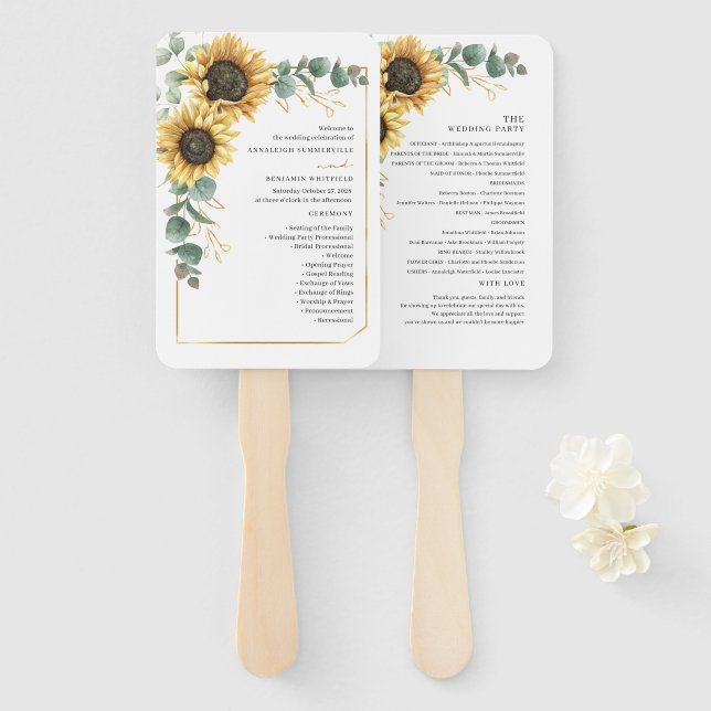 Floral Sunflower Eucalyptus Rustic Wedding Program Hand Fan (Front and Back)