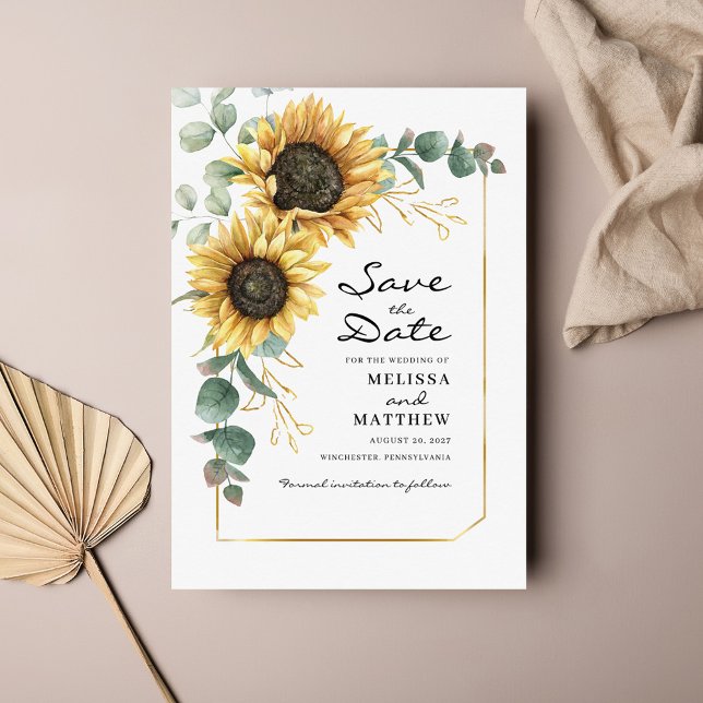 Floral Sunflower Eucalyptus Save The Date (Save the Date Sunflower Floral Greenery Announcement)