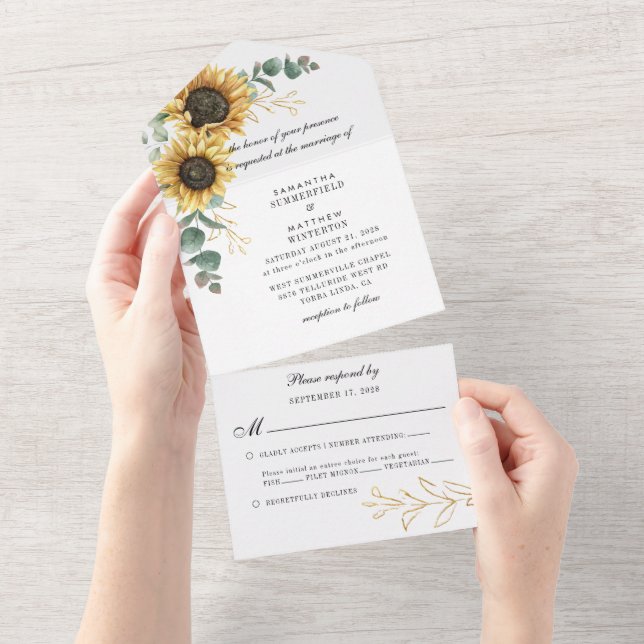 Floral Sunflower Eucalyptus Script Elegant Wedding All In One Invitation (Tearaway)