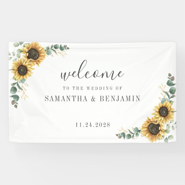 Floral Sunflower Eucalyptus Script Wedding Banner (Horizontal)