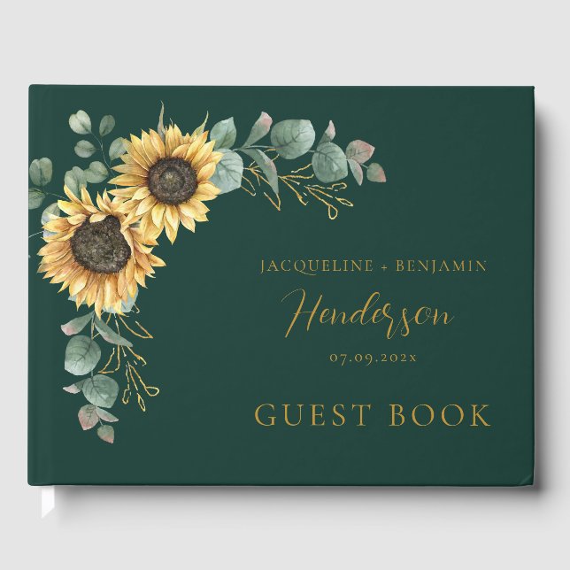 Floral Sunflower Eucalyptus Script Wedding Guest Book (Front)